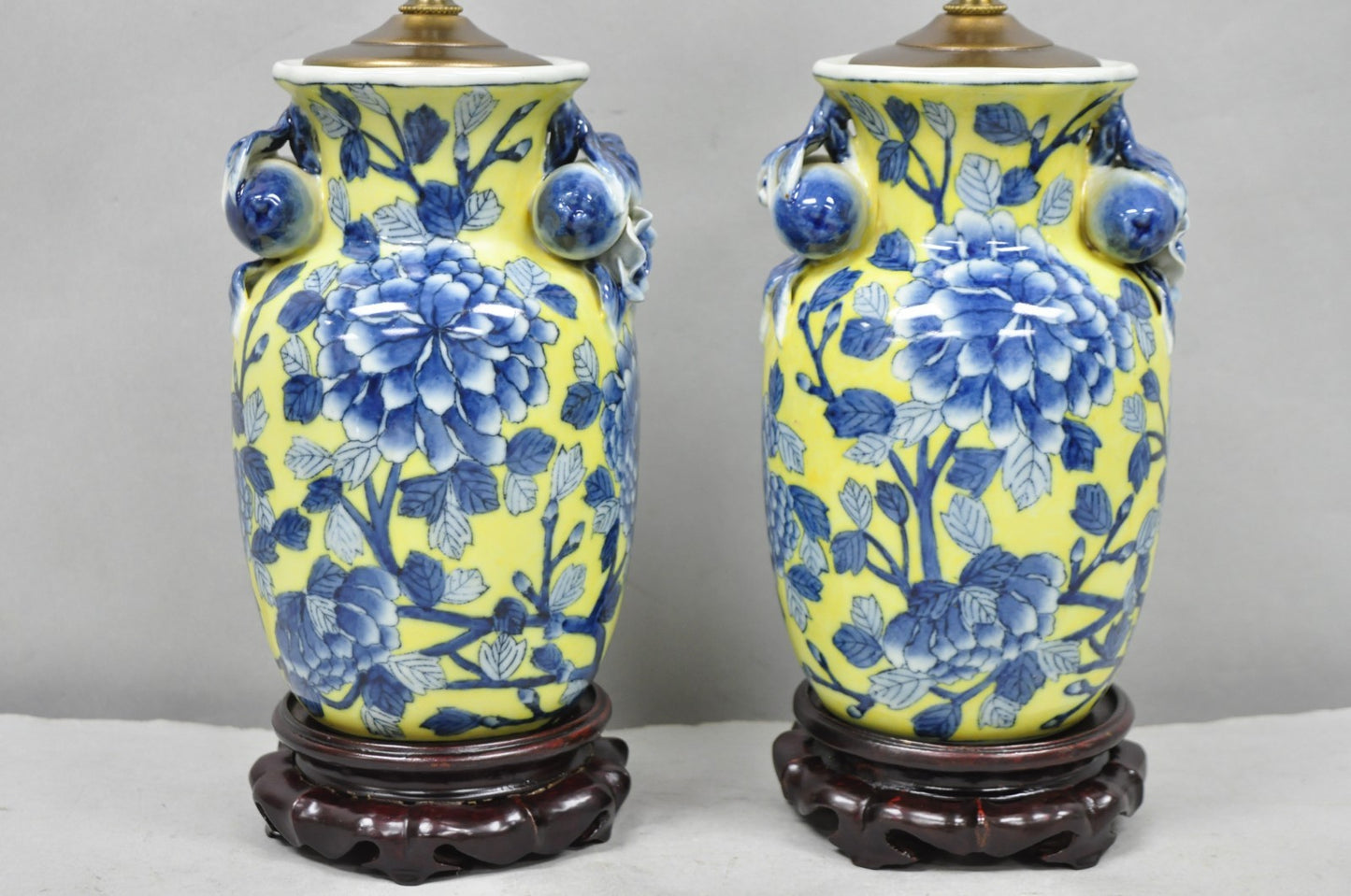 Vintage Chinoiserie Chinese Blue & Yellow Flower Small Porcelain Table Lamp Pair