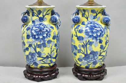 Vintage Chinoiserie Chinese Blue & Yellow Flower Small Porcelain Table Lamp Pair