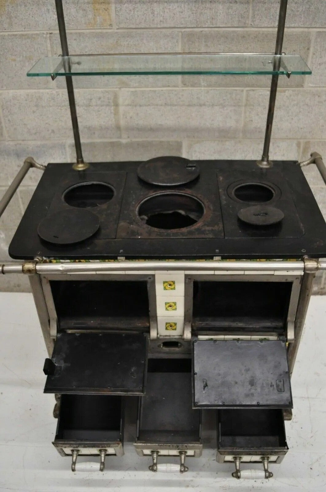 European French or Belgium Cast Iron Art Nouveau Tile Wood Coal Burning Stove