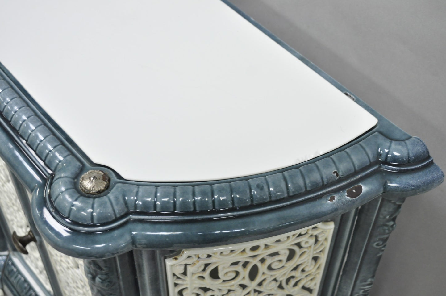 Antique French Victorian Blue White Porcelain Enamel Cast Iron Radiator Cover