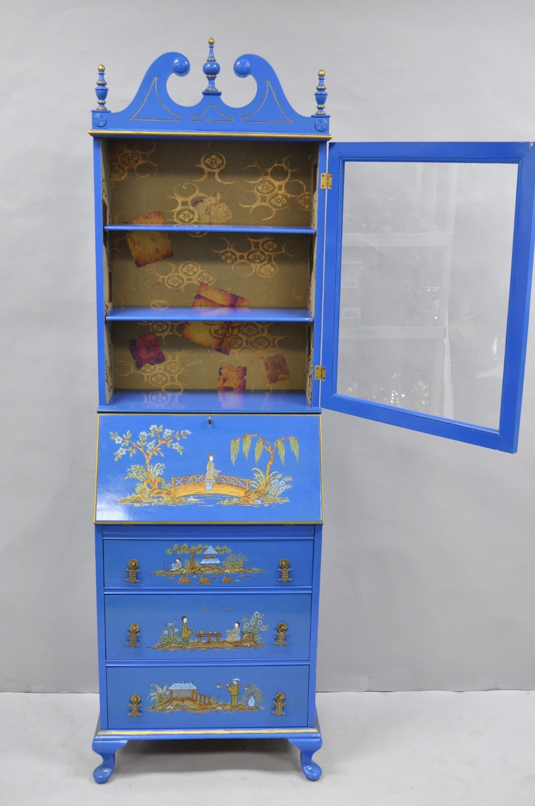Vintage Chinoiserie Blue Hand Painted Gold Gilt Narrow Bookcase Secretary Desk