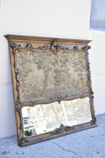 Antique French Louis XV Style Large Overmantle Trumeau Mirror with Tapestry