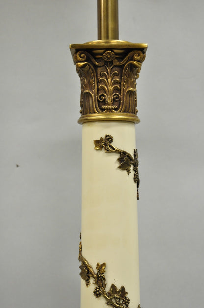 Vintage Stiffel Neoclassical Tall White Enamel Column Brass Table Lamps - a Pair