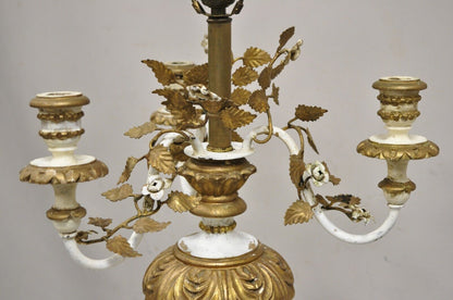 Vintage Italian Hollywood Regency Giltwood White & Gold Candelabra Table Lamp