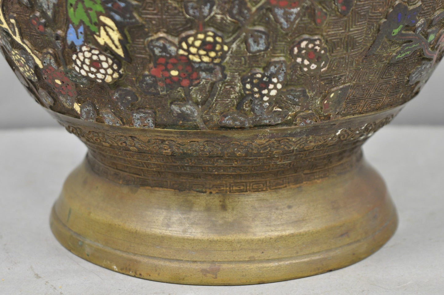 Antique Japanese Champleve Cloisonne Enamel Bronze Twin Handle 14" Vessel Vase