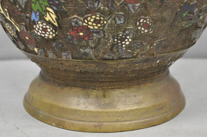 Antique Japanese Champleve Cloisonne Enamel Bronze Twin Handle 14" Vessel Vase
