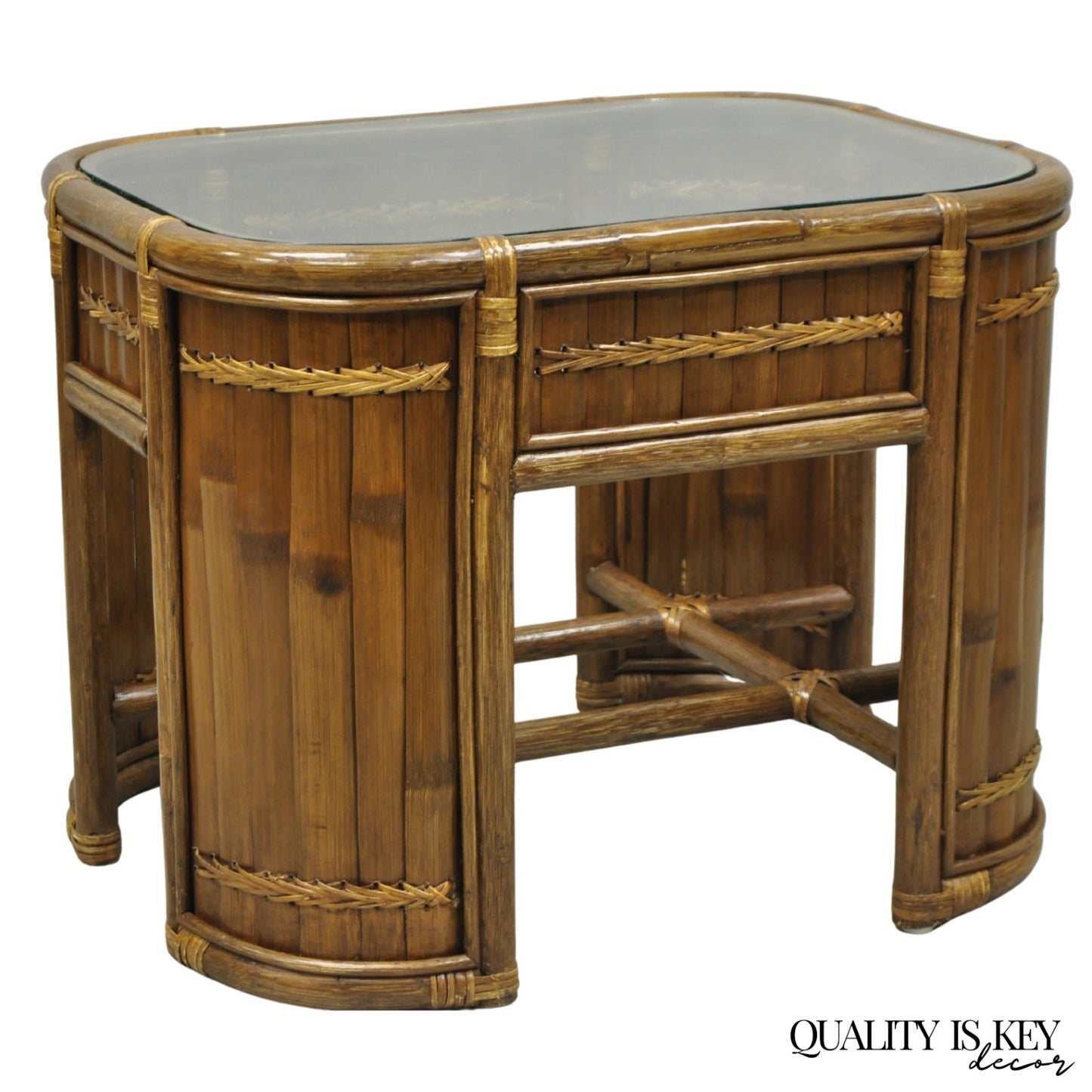 Vintage Hollywood Regency Bentwood Rattan Glass Top Beach House Side Table