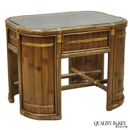 Vintage Hollywood Regency Bentwood Rattan Glass Top Beach House Side Table