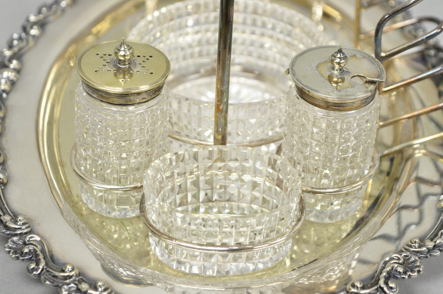 Antique Victorian Silver Plated Footed Cut Glass Breakfast Set Toast Rack w Tray