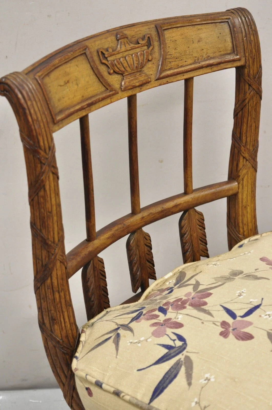 Antique Italian Neoclassical Style Carved Arrow Walnut Low Boudoir Slipper Chair