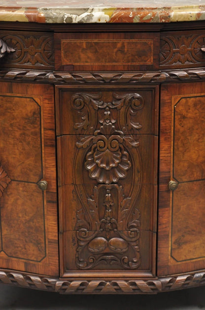 Antique French Louis XV Baroque Burl Walnut Marble Top Commode 5 Drawer Dresser