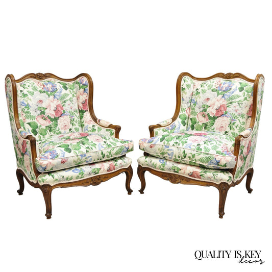 Antique French Country Louis XV Style Carved Walnut Bergere Wingback Chairs Pair