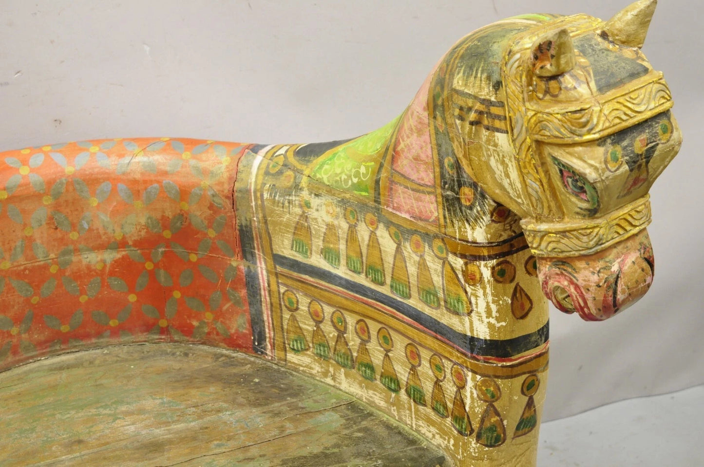Vintage Figural Primitive Solid Carved Wood Red & Green Horse Bench Seat Chair
