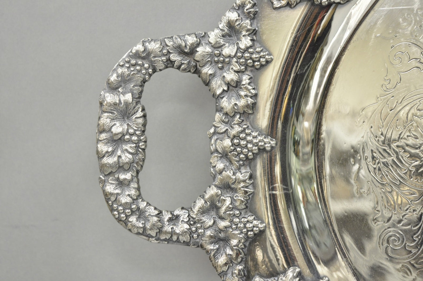 Antique English Victorian Silver Plated Grapevine Oval Bar Tray w/ Monogram