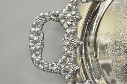 Antique English Victorian Silver Plated Grapevine Oval Bar Tray w/ Monogram