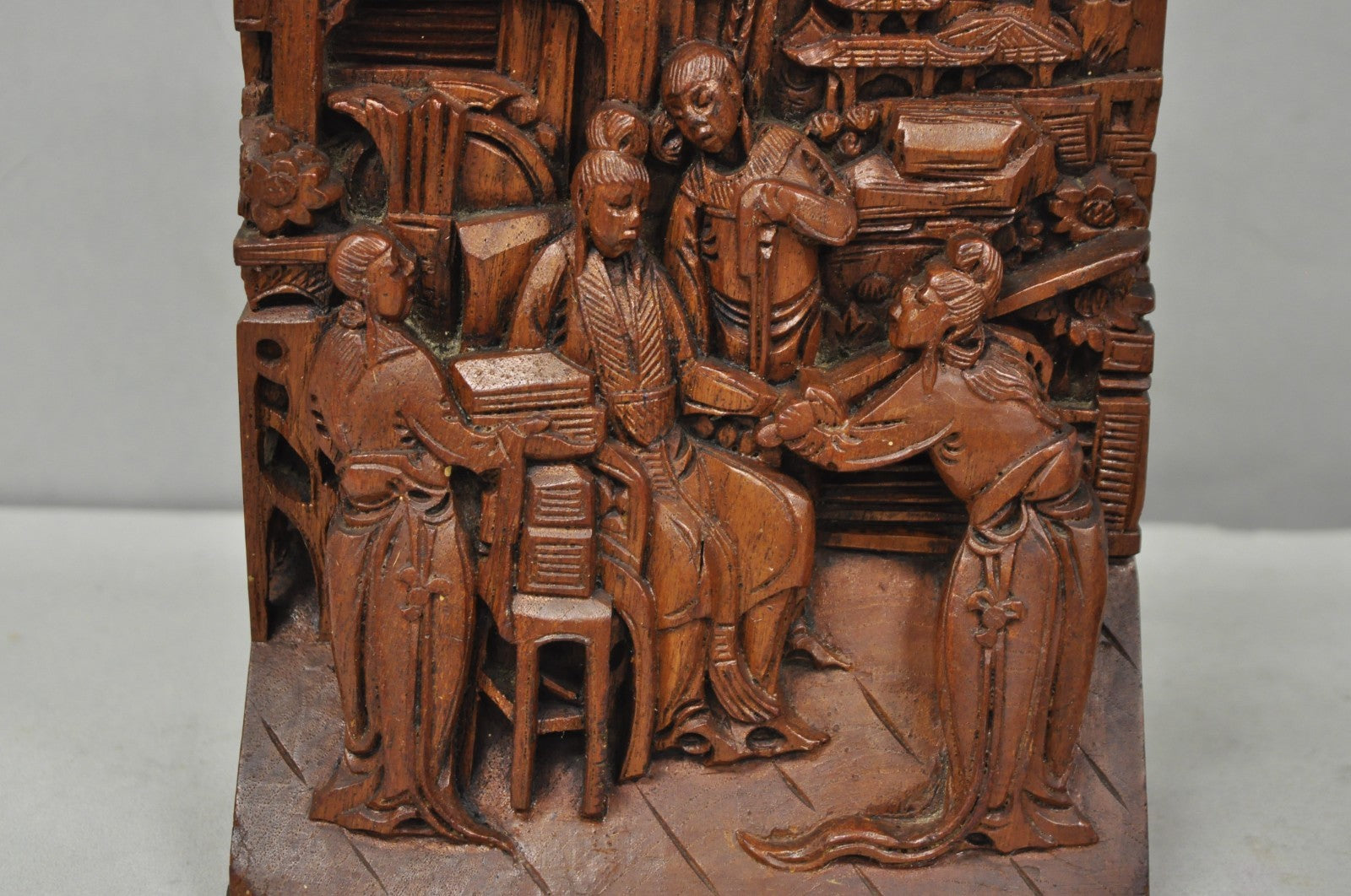 Vintage Chinese Hand Carved Hard Wood Scholar Bookends by George Zee - a Pair