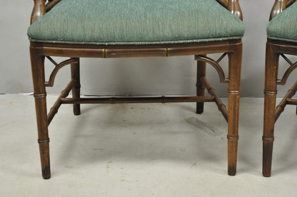 Vintage Chinese Chippendale Faux Bamboo Wood Fretwork Dining Arm Chairs - a Pair