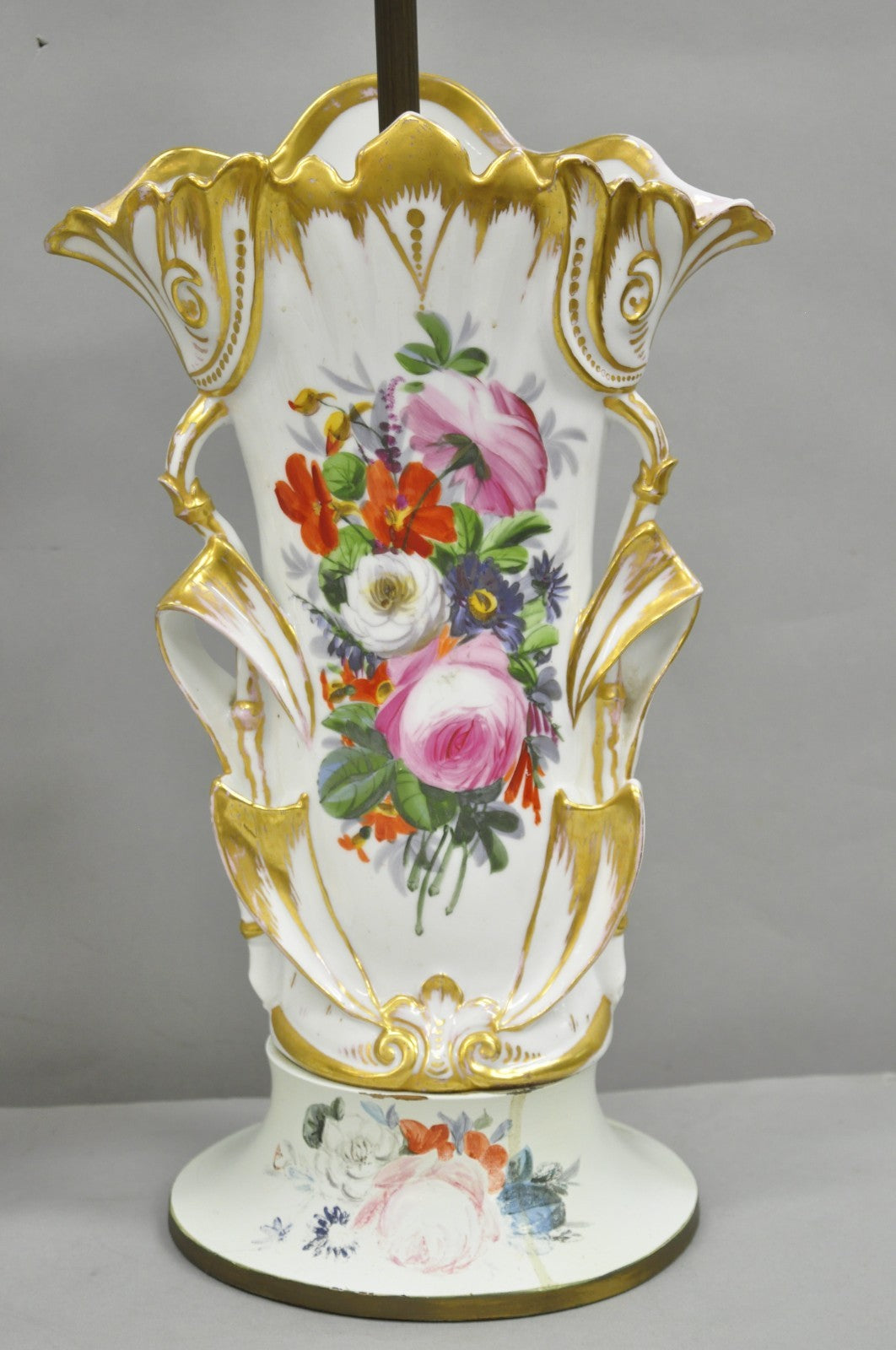 Antique Art Nouveau Austrian Porcelain Painted French Floral Table Lamps, a Pair