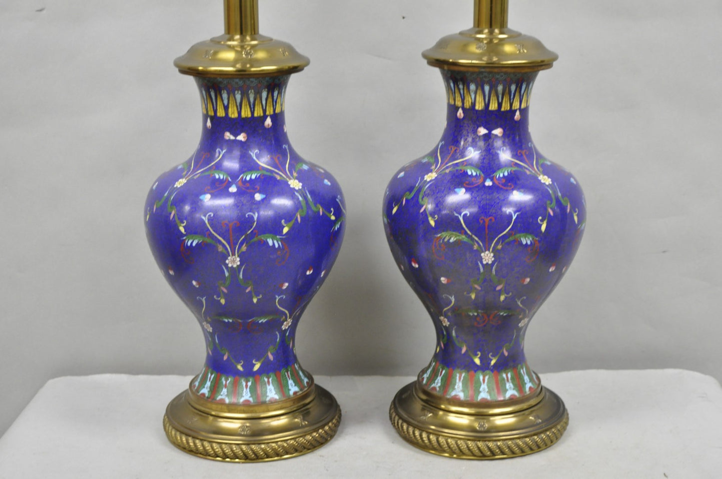 Vintage Chinoiserie Blue Enamel Chinese Brass Jardinierie Table Lamps - a Pair