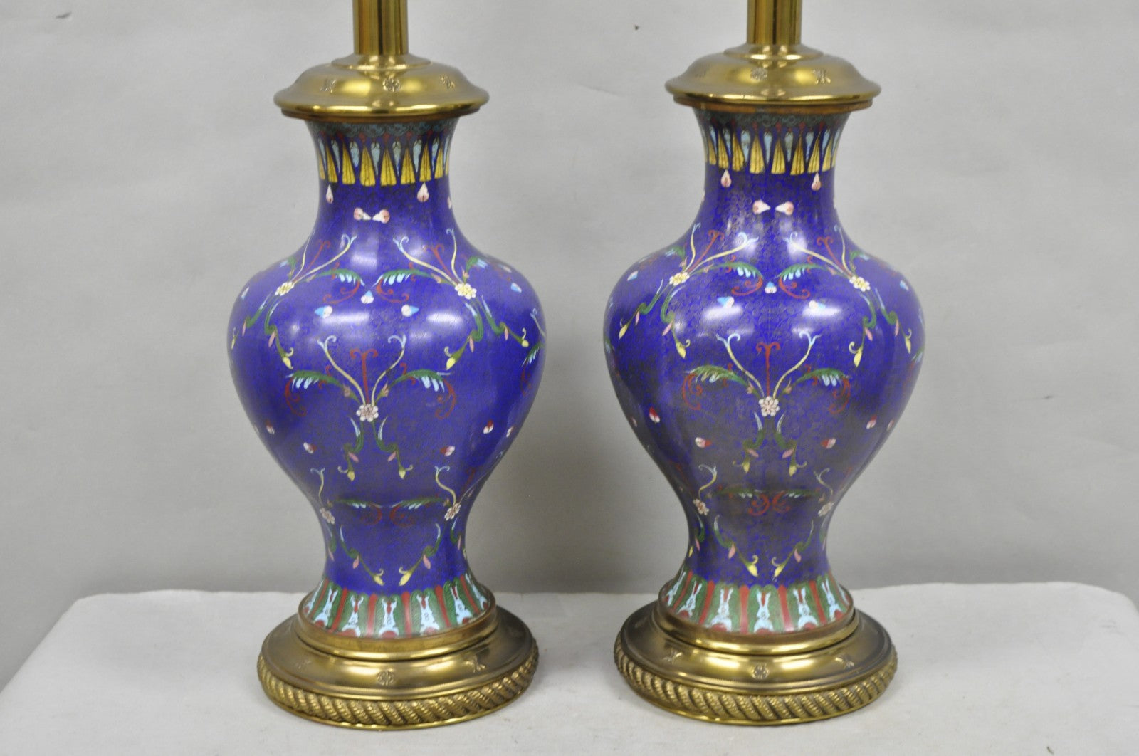 Vintage Chinoiserie Blue Enamel Chinese Brass Jardinierie Table Lamps - a Pair