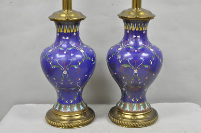 Vintage Chinoiserie Blue Enamel Chinese Brass Jardinierie Table Lamps - a Pair