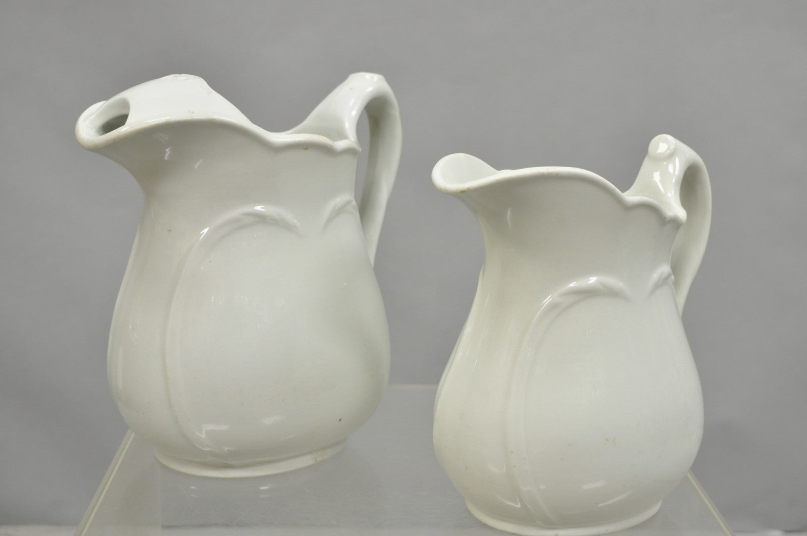 Vintage English Ironstone White Farmhouse Milk Water Pitchers - Set of 2