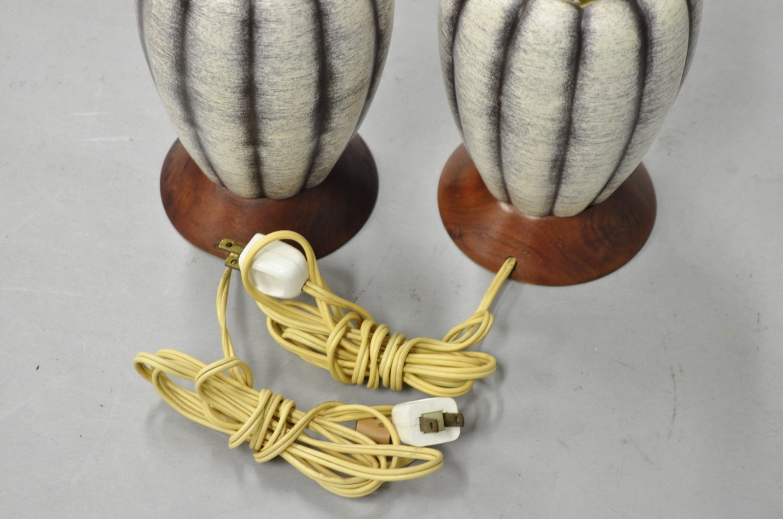 Vintage Mid Century Modern Walnut & Ceramic Small Sculptural Table Lamps - Pair