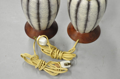 Vintage Mid Century Modern Walnut & Ceramic Small Sculptural Table Lamps - Pair