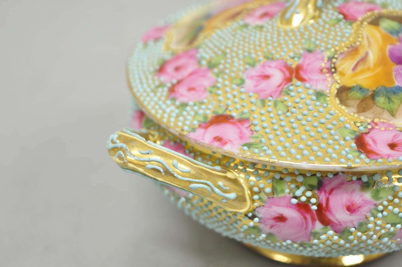 Antique Nippon Hand Painted Gold Gilt Porcelain Green Moriage Covered Sugar Bowl