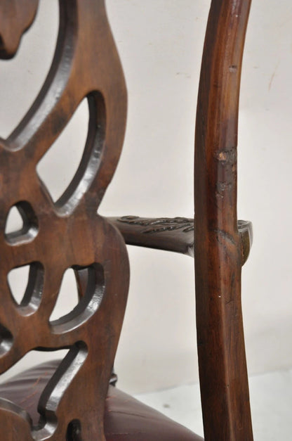 Antique Chippendale Georgian Carved Mahogany Ball and Claw Leather Arm Chair