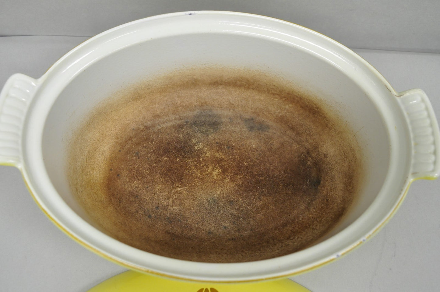 Vintage Dru Holland Yellow Tulip Enameled Cast Iron Dutch Oven Oval Pot