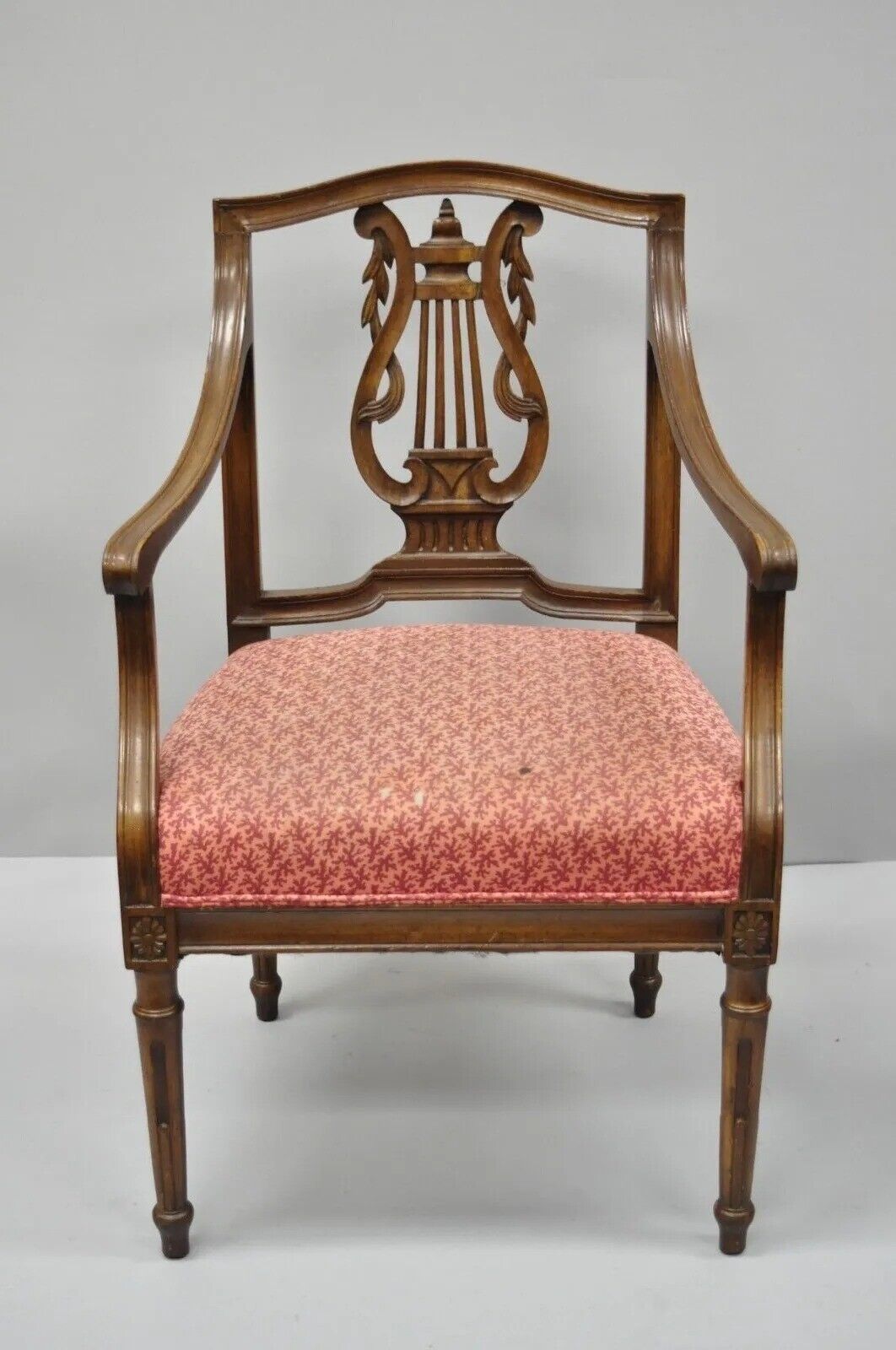 Antique French Louis XVI Style Harp Lyre Back Italian Mahogany Arm Chairs - Pair