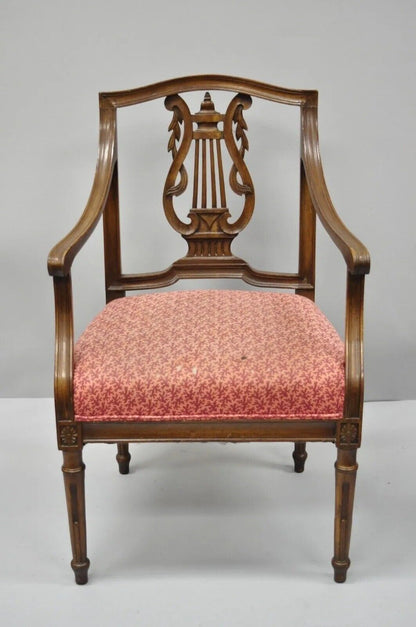 Antique French Louis XVI Style Harp Lyre Back Italian Mahogany Arm Chairs - Pair
