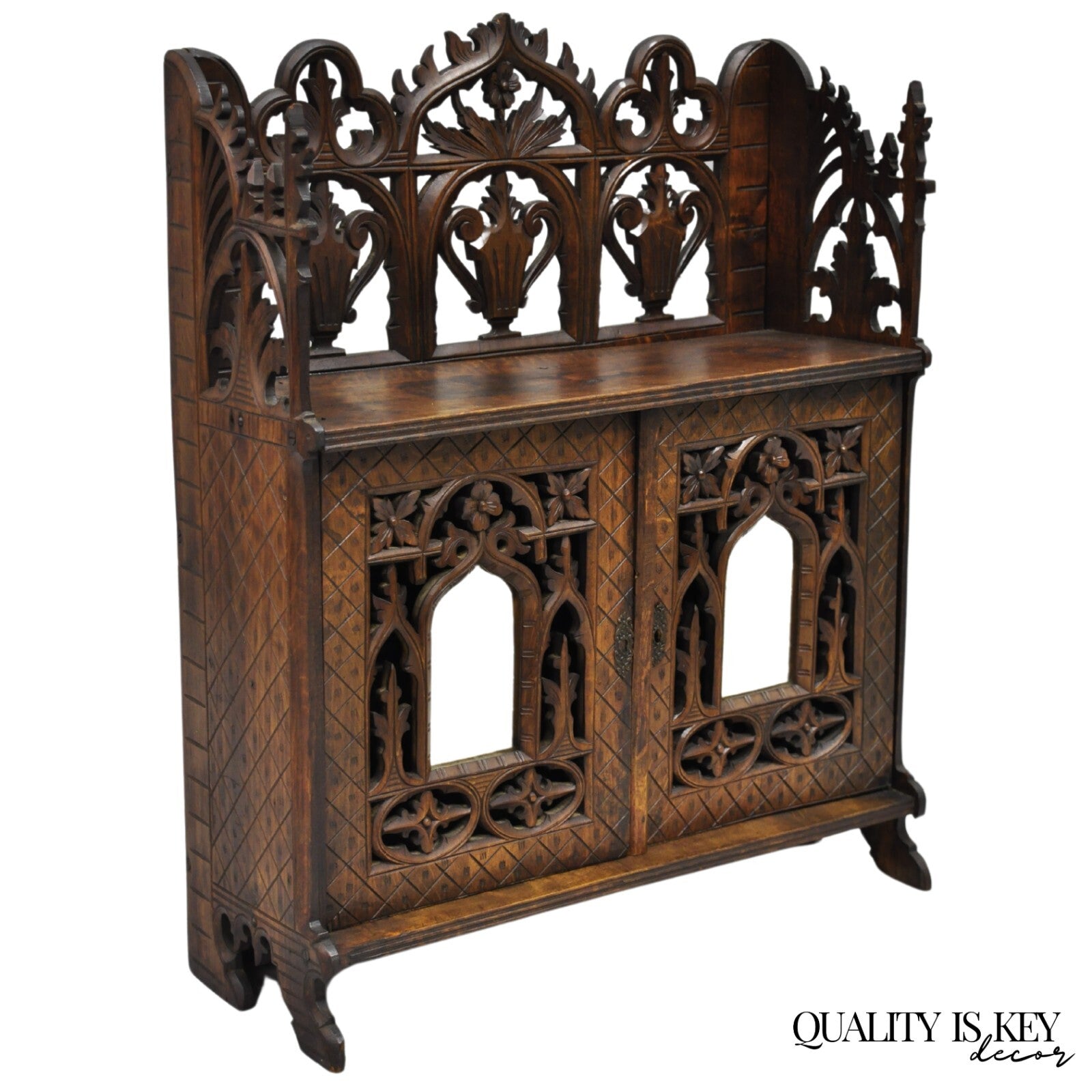 Antique Gothic Arts & Crafts Black Forest Walnut Carved Small Wall Curio Cabinet