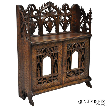 Antique Gothic Arts & Crafts Black Forest Walnut Carved Small Wall Curio Cabinet