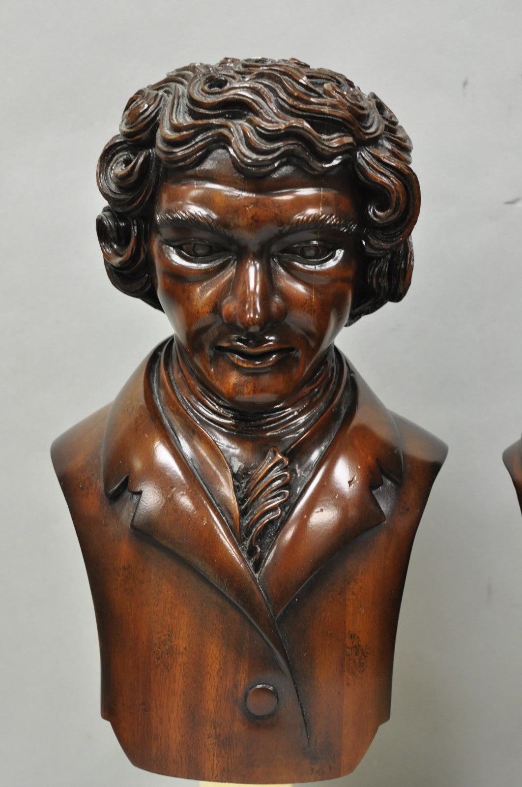 Classical Maitland Smith Style Carved Mahogany Wood Bust on Alabaster - a Pair