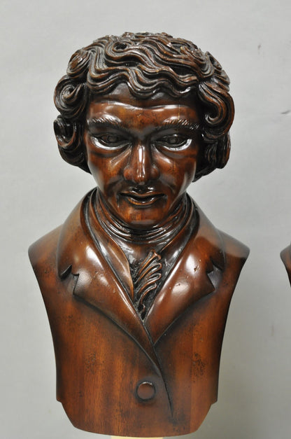 Classical Maitland Smith Style Carved Mahogany Wood Bust on Alabaster - a Pair