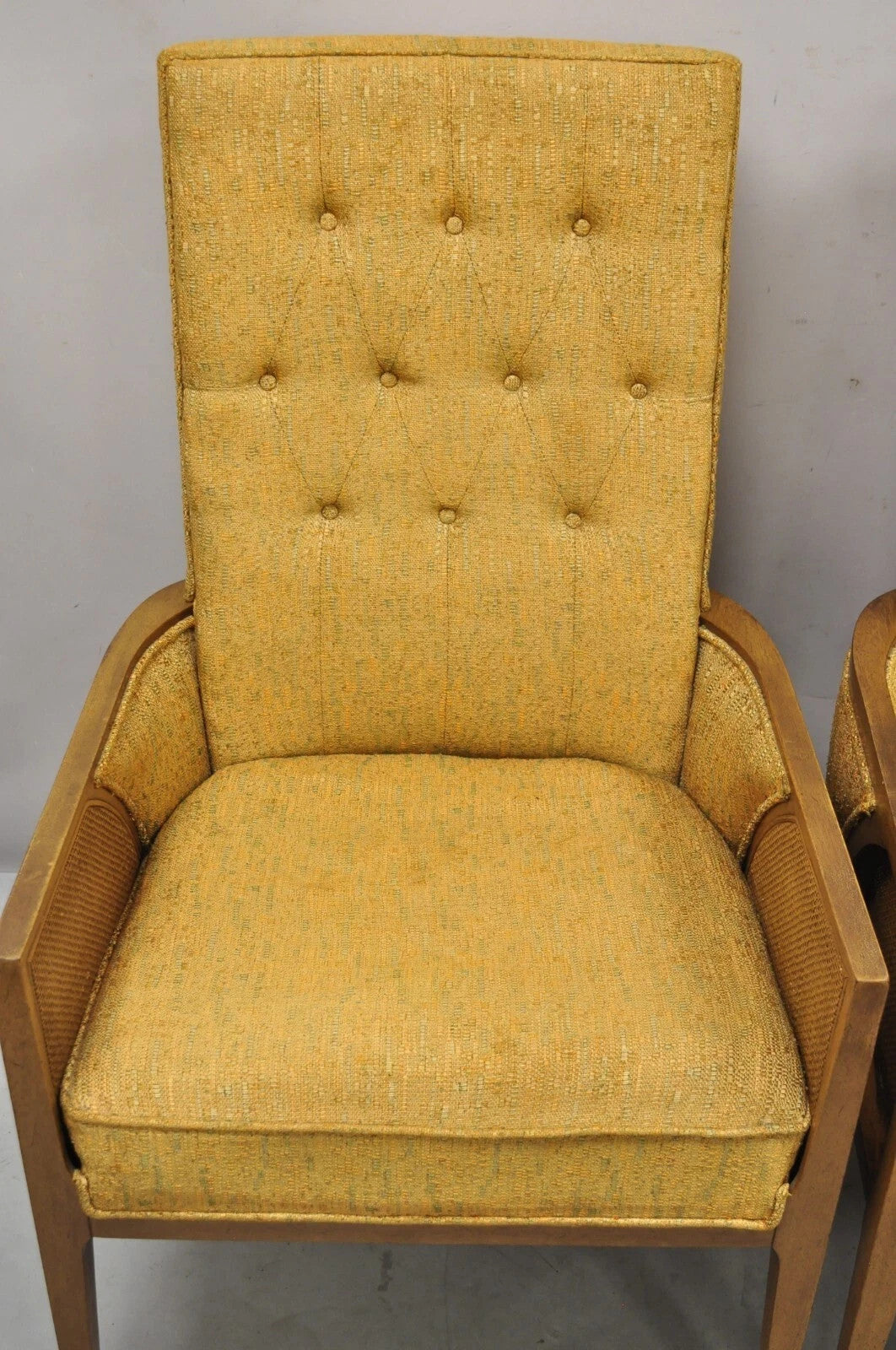 Mid Century Modern Hollywood Regency Sculpted Wood & Cane Lounge Chairs - Pair