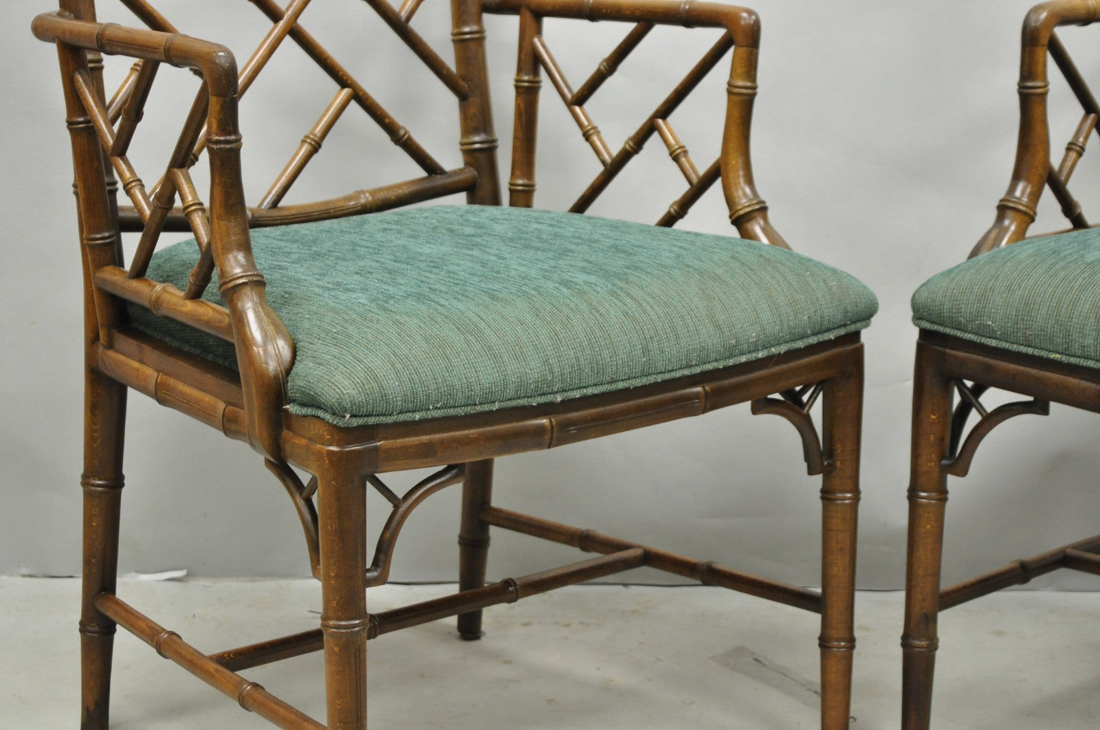 Vintage Chinese Chippendale Faux Bamboo Wood Fretwork Dining Arm Chairs - a Pair