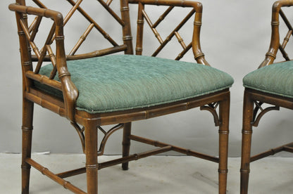 Vintage Chinese Chippendale Faux Bamboo Wood Fretwork Dining Arm Chairs - a Pair