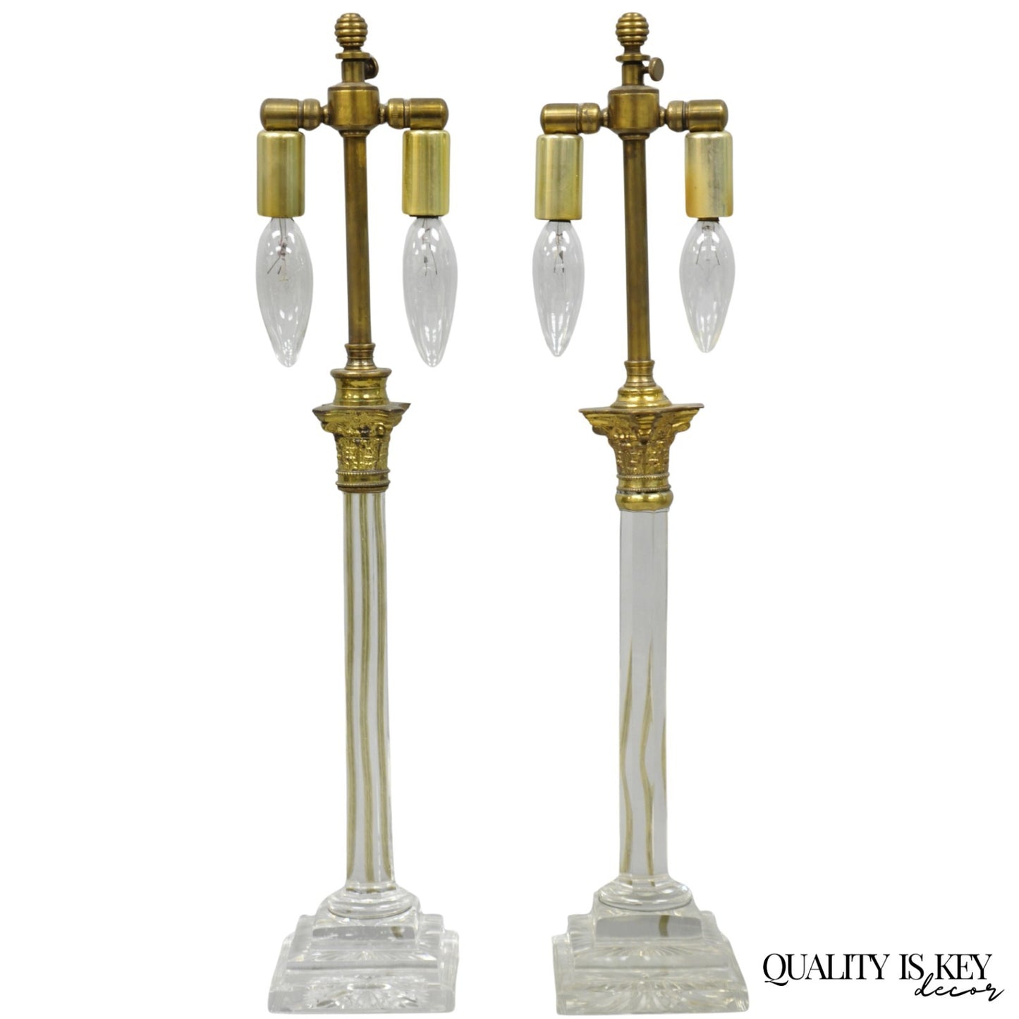 Antique Brass Corinthian Column Crystal Glass Candlestick Small Table Lamps Pair