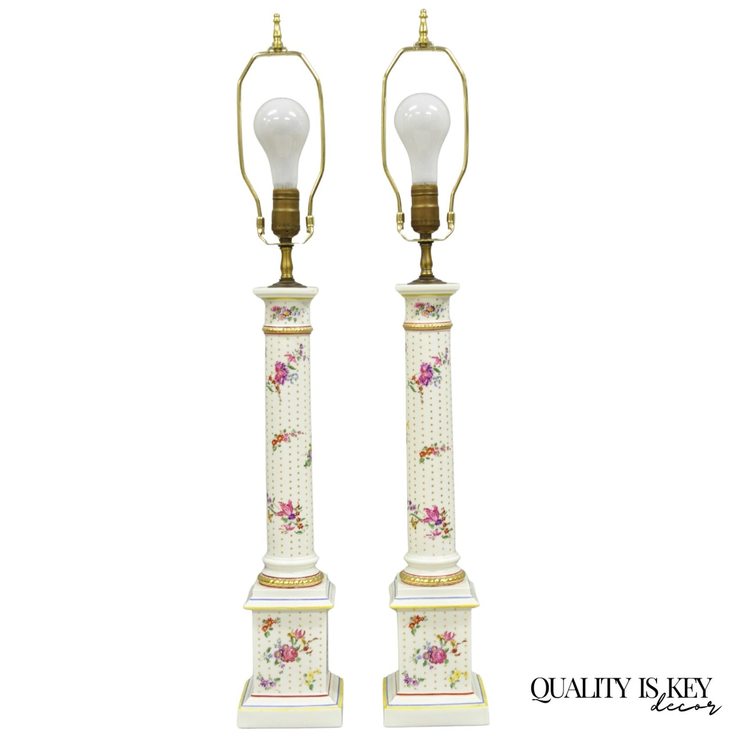 Vintage Victorian French Porcelain Column Table Lamps w Painted Flowers - a Pair