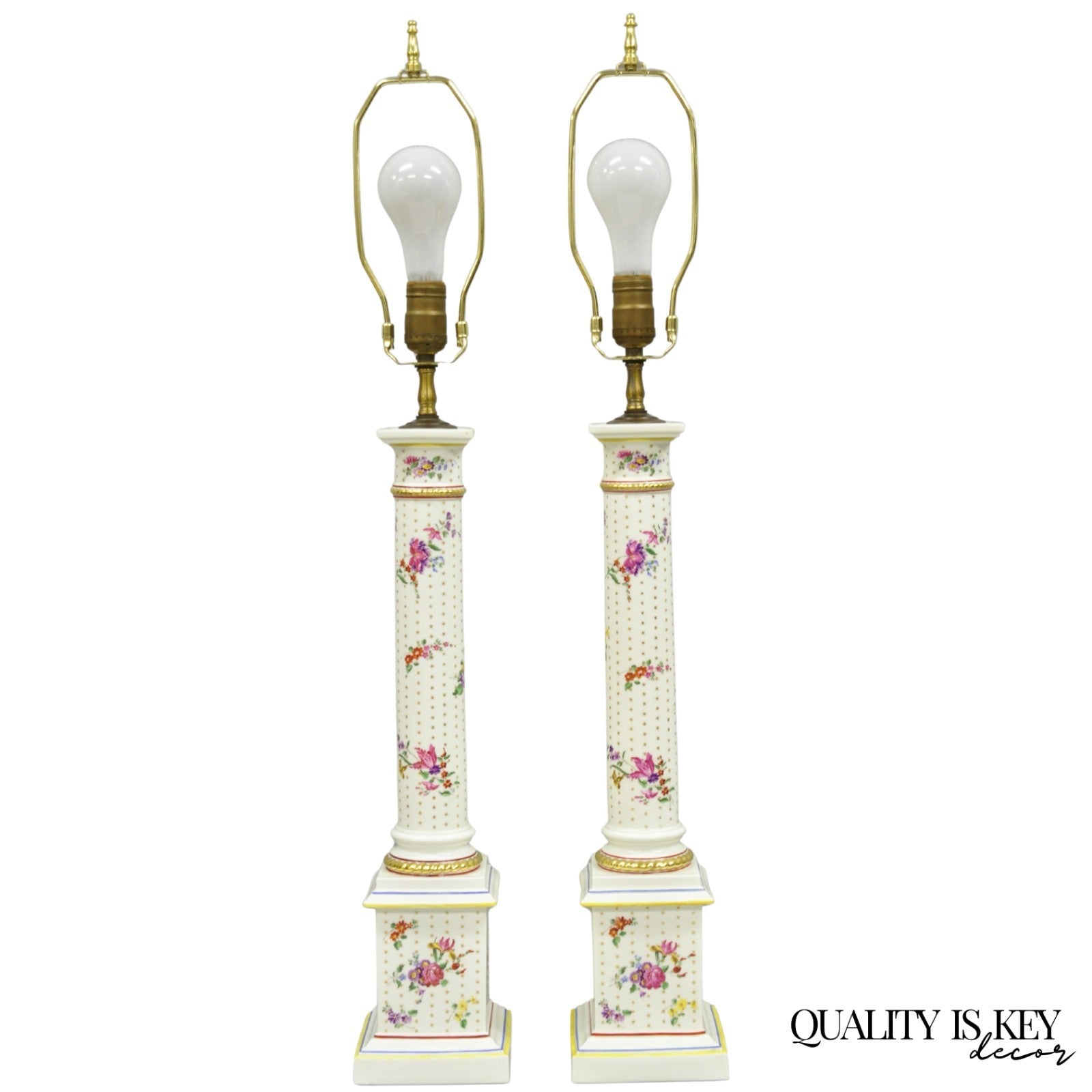 Vintage Victorian French Porcelain Column Table Lamps w Painted Flowers - a Pair