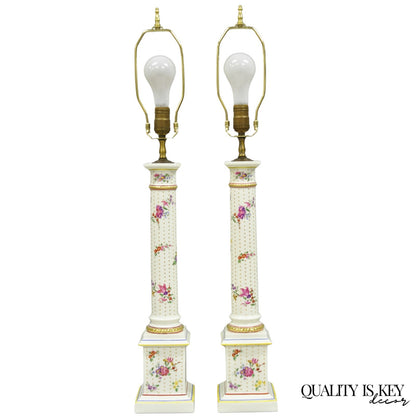 Vintage Victorian French Porcelain Column Table Lamps w Painted Flowers - a Pair