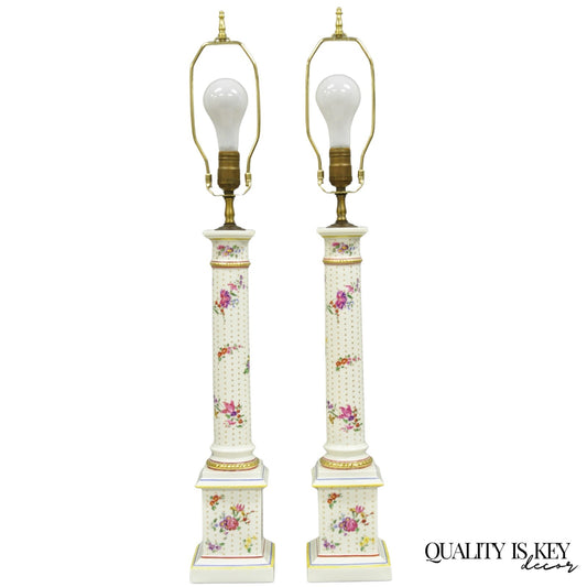 Vintage Victorian French Porcelain Column Table Lamps w Painted Flowers - a Pair