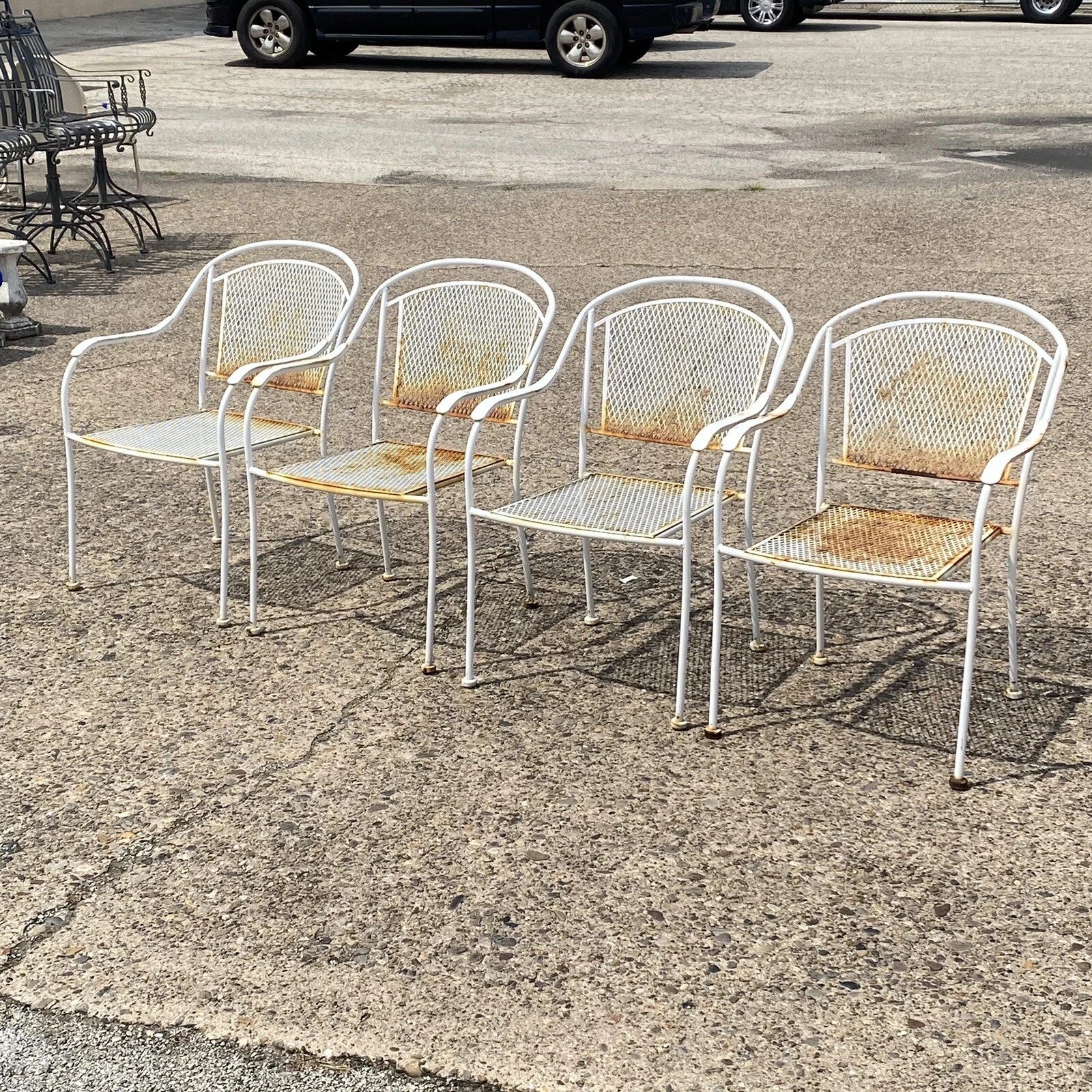 Vintage Modern Wrought Iron Sculptural Outdoor Patio Stacking Arm Chairs - Set 4