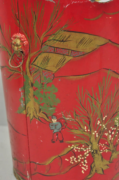 Italian Chinoiserie Hand Painted Oriental Red Tole Metal Wastebasket Trashcan