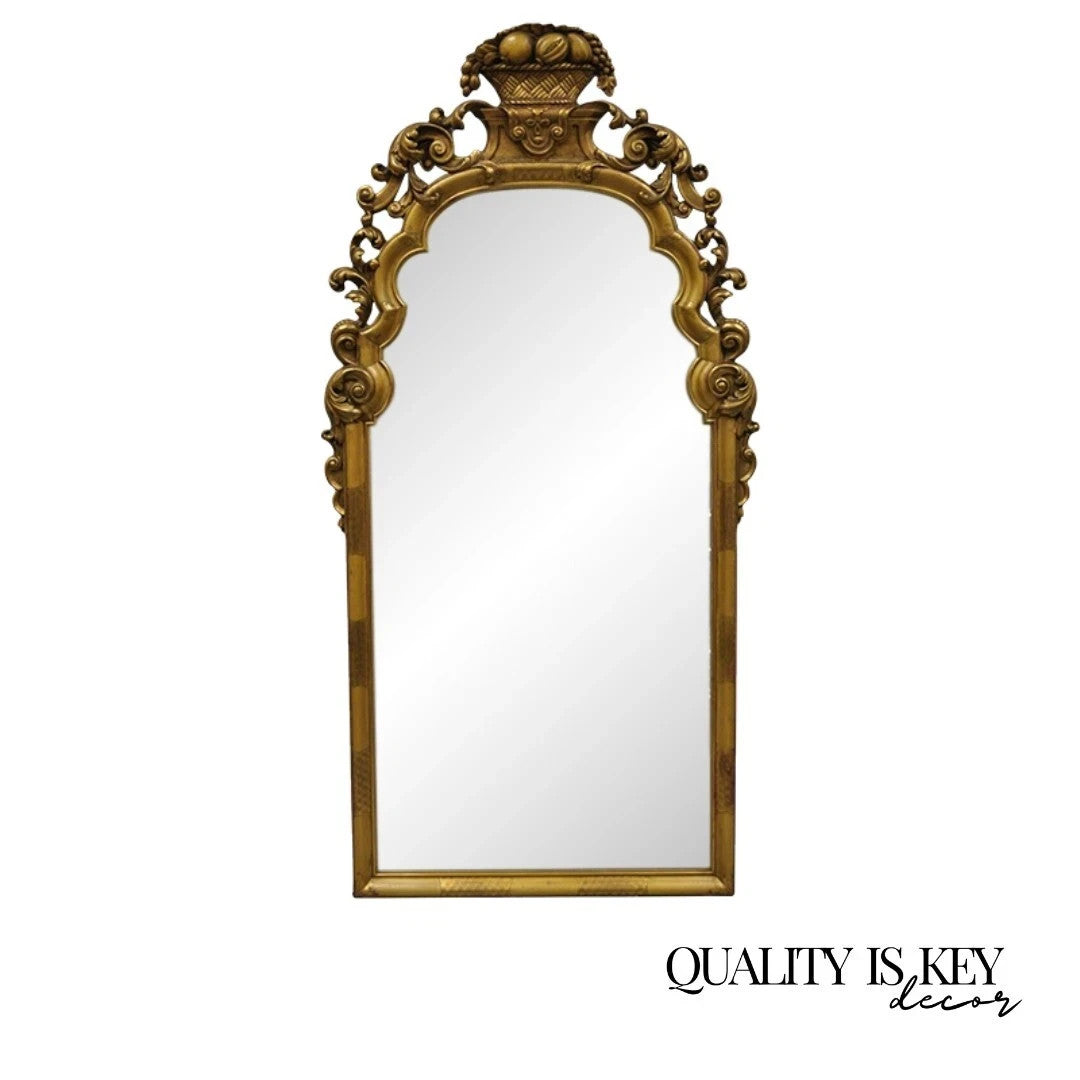 Antique French Rococo Gold Giltwood 65" Harvest Carved Fruit Basket Wall Mirror