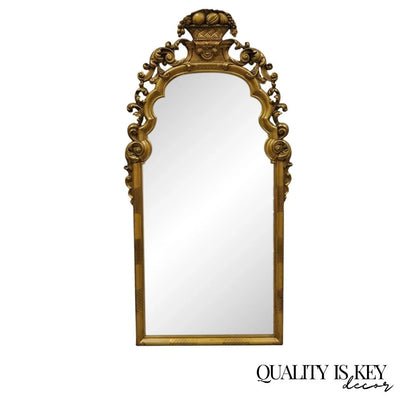 Antique French Rococo Gold Giltwood 65" Harvest Carved Fruit Basket Wall Mirror