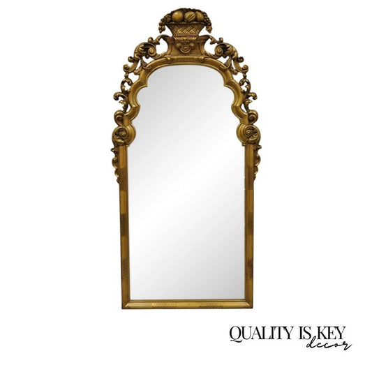 Antique French Rococo Gold Giltwood 65" Harvest Carved Fruit Basket Wall Mirror